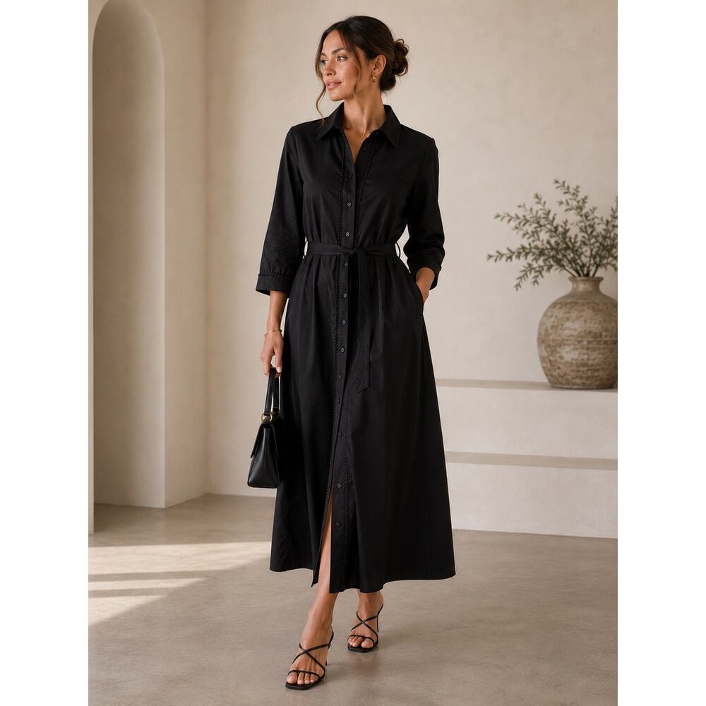 Nova Black Cotton Button Front Beaded Trim Belted Midi Dress Small Office Siren